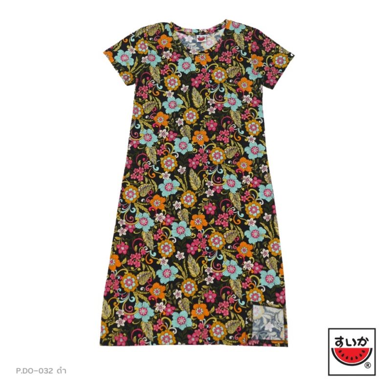 แตงโม (SUIKA) - เสื้อแตงโม เดรสผ้ายืดคอกลม พิมพ์ลายดอกไม้ ( P.DO-032 )