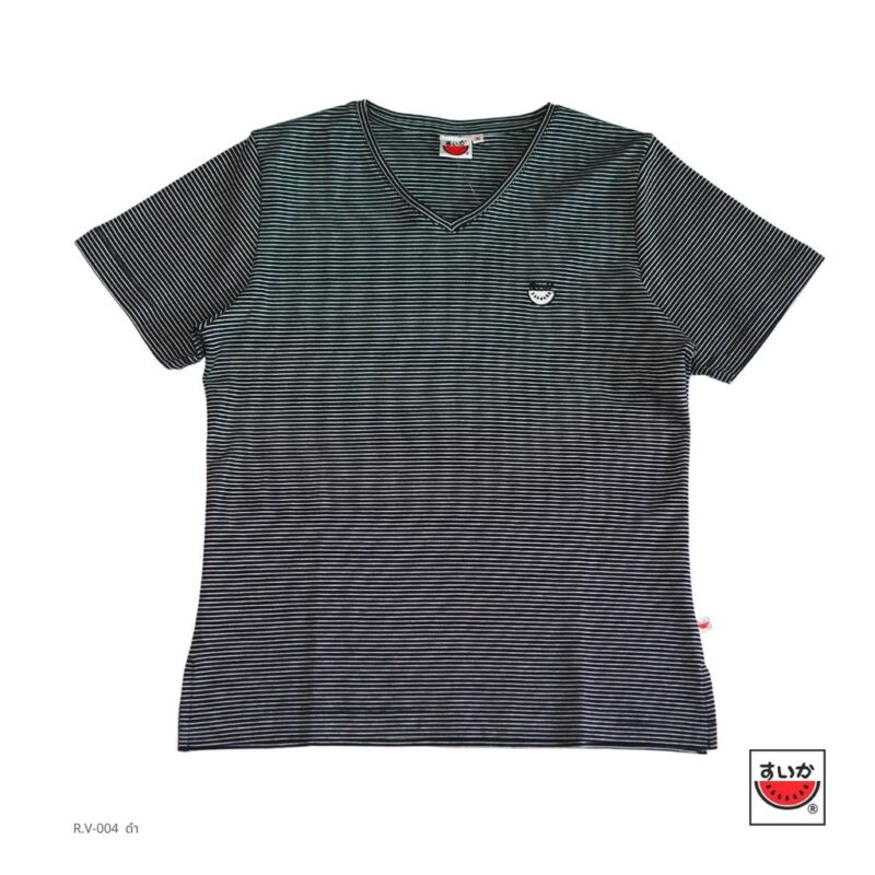 แตงโม (SUIKA) - เสื้อแตงโม ริ้วคอวีแขนสั้น ปักแตงโมตรงอกซ้าย สีดำ R.V-004