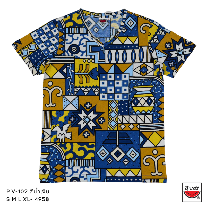 เสื้อแตงโม (SUIKA) - เสื้อแตงโม เสื้อยืดคอวี ลายพิมพ์ดอกไม้(P.V-102)