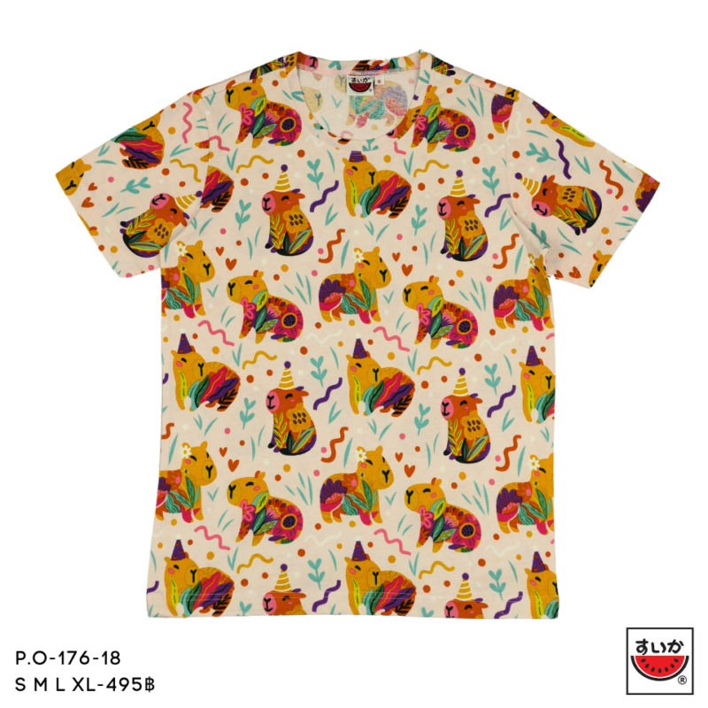แตงโม (SUIKA) - เสื้อแตงโม เสื้อยืดคอกลม พิมพ์ลายคาปิบาร่า (P.O-176)