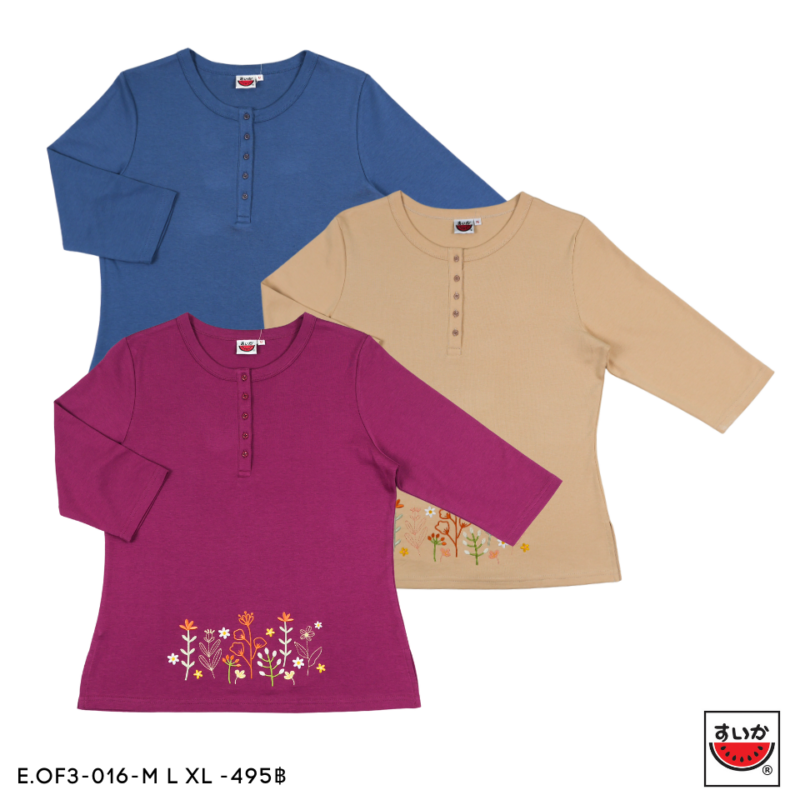 เสื้อแตงโม (SUIKA) - เสื้อยืดคอกลมเจาะสาบกระดุม 4 เม็ด แขนสามส่วน   (E.OF3-016)