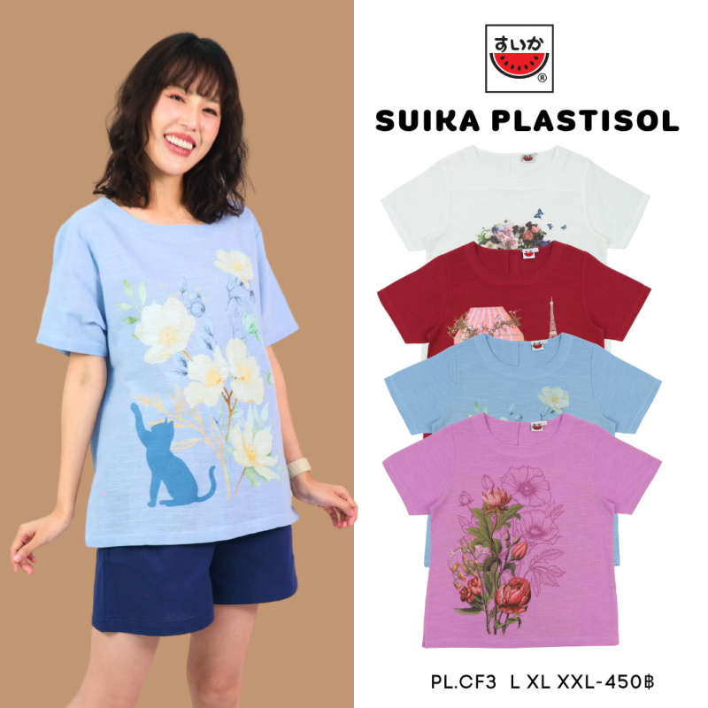 เสื้อแตงโม (SUIKA) - เสื้อแตงโม คอปาดแขนสั้น ผ้าสลาฟ พิมพ์ลายดอกไม้ ( PL.C-161 191 194 181 )