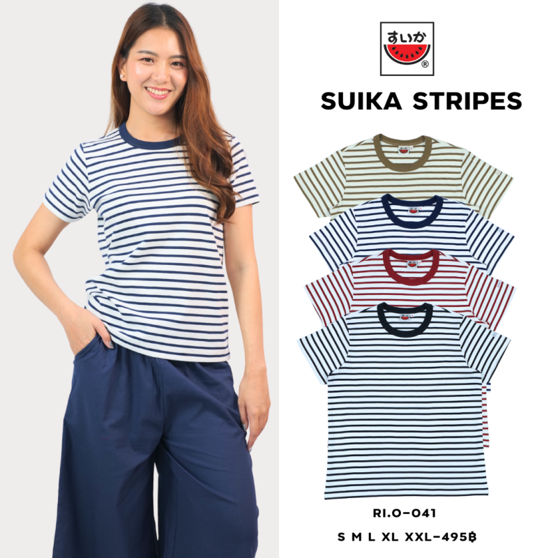 เสื้อแตงโม (SUIUKA)-เสื้อยืดแตงโมคอกลมแขนสั้น ผ้าคอตตอนอินเตอร์ล๊อค ลายริ้ว (RI.O-044)