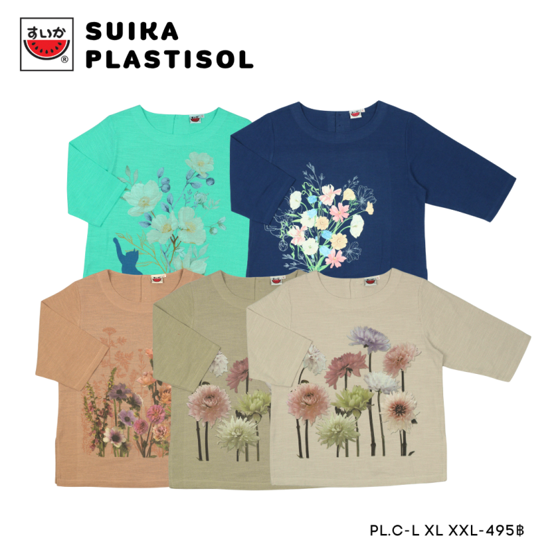 แตงโม (SUIKA) - เสื้อแตงโม คอปาดแขนสามส่วน ผ้าสลาฟ พิมพ์ลายดอกไม้ ( PL.C3-050 078 037 146 048 043 189 036 191 )