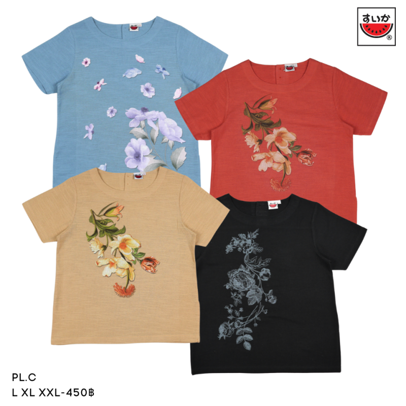 เสื้อแตงโม (SUIKA) - เสื้อแตงโม คอปาดแขนสั้น ผ้าสลาฟ พิมพ์ลายดอกไม้ ( PL.C )
